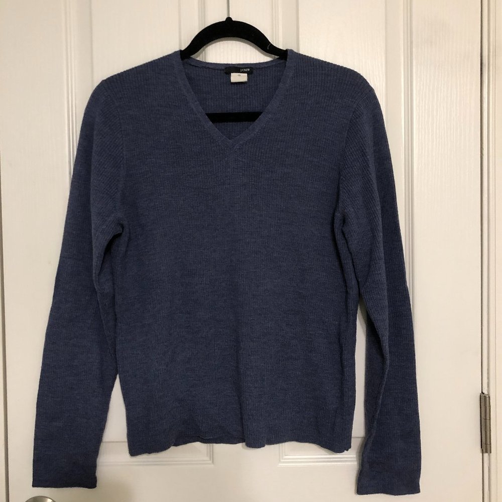 J. Crew Blue Merino Wool Ribbed V-Neck Sweater